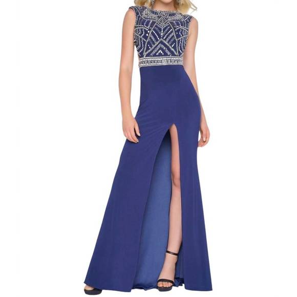 NEW MAC DUGGAL beaded bodice jersey dress in midnight - Picture 1 of 1